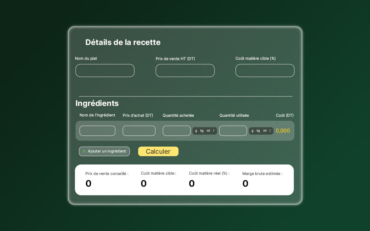 Aperçu du calculateur de coût matière Al-Makhzan : détails de la recette, ingrédients et résultats