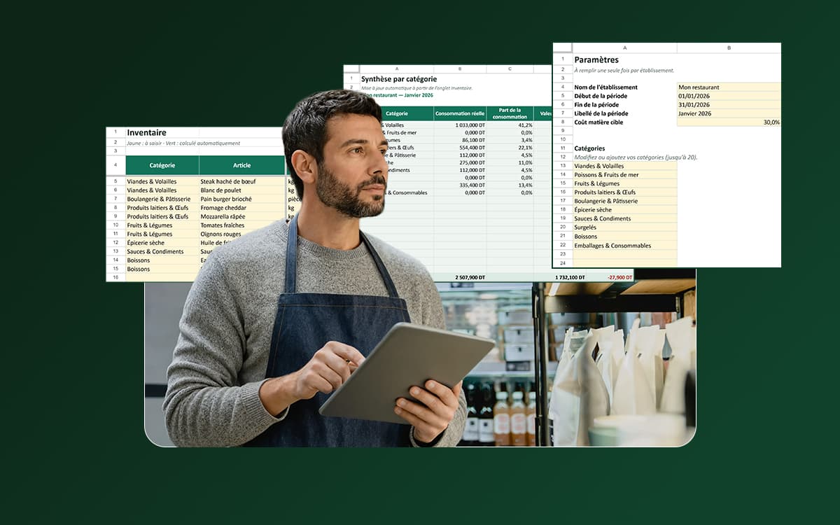 Restaurateur consultant le modèle d'inventaire Al-Makhzan sur tablette, avec les onglets Inventaire, Synthèse et Paramètres